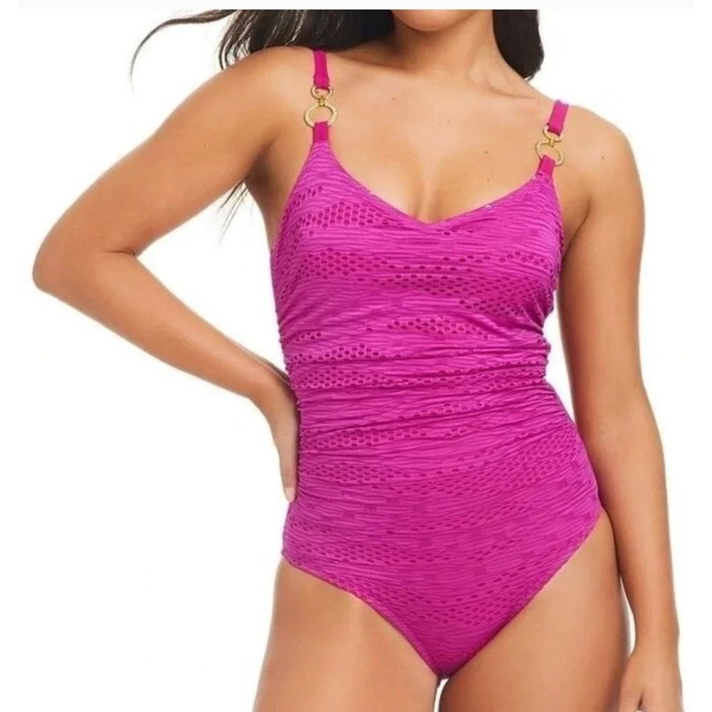 Beyond‎ by Anne Cole One Piece Swimsuit Womens 10 Pink Crochet Rhinestone Luxury